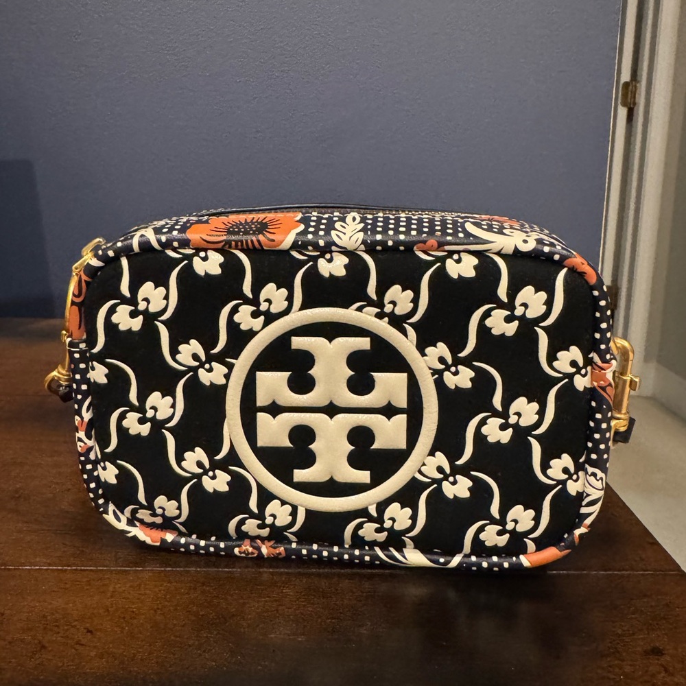 Tory Burch Black and Cream Floral Crossbody Bag